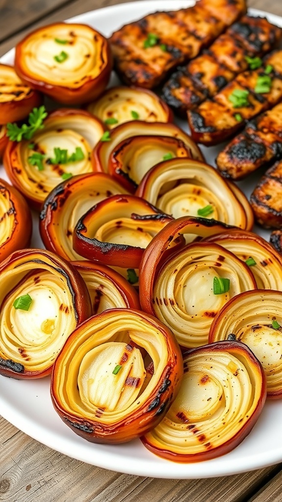 Grilled onion slices on a plate, garnished with herbs, ready to be served.